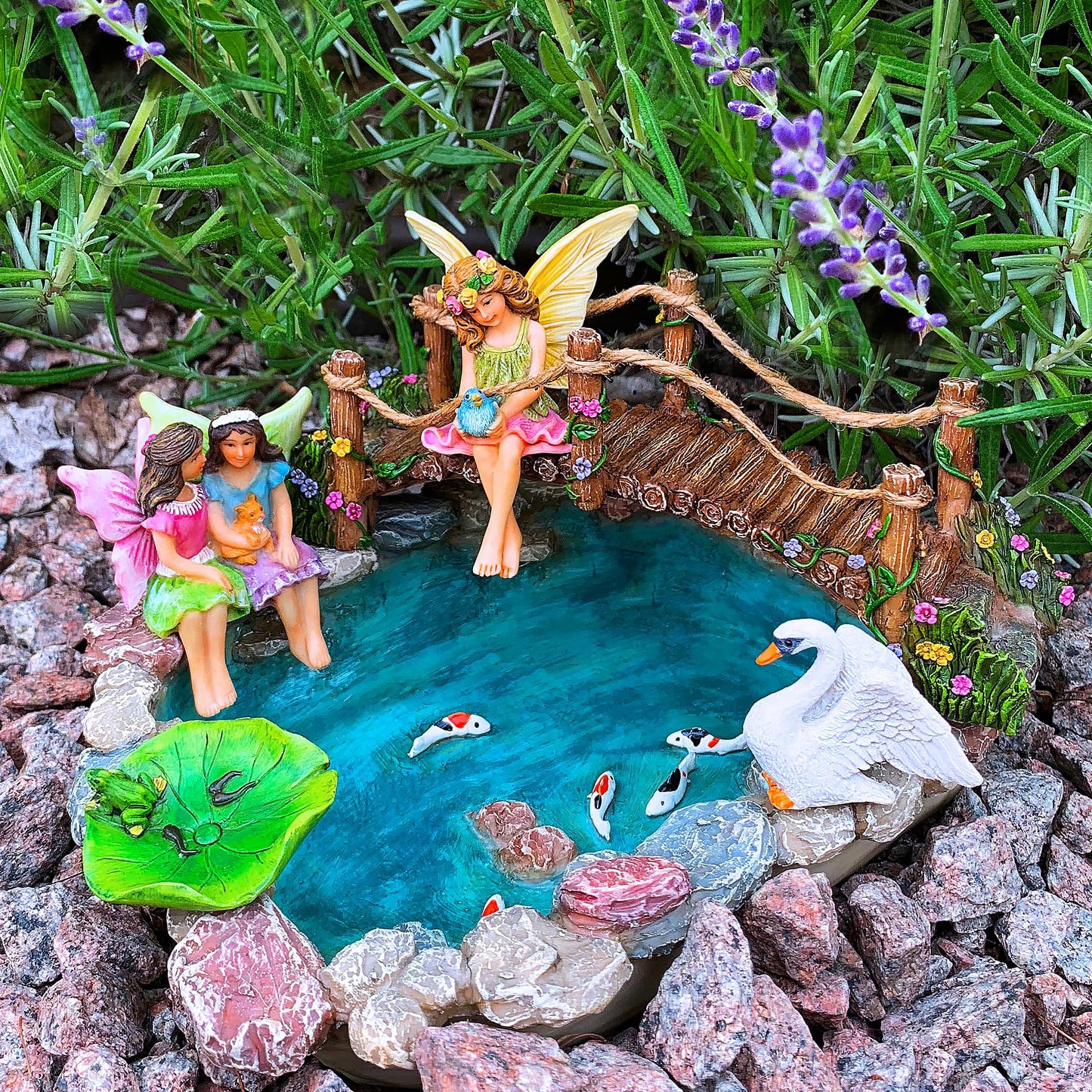 Mood Lab Fairy Garden Figurines - Fish Pond & Bridge - Miniature Decor Set (6 pcs) - Statues & Accessories - Outdoor & Indoor Garden Decor