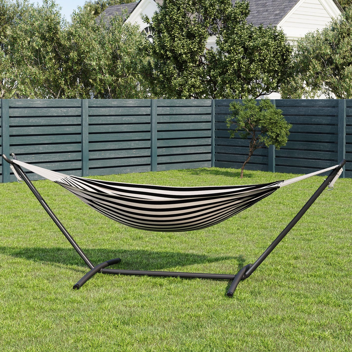 GarveeLife Double 2 Person Hammock, Indoor Outdoor Standing Hammock with Space Saving Steel Stand, Carry Bag, 450 LBS Weight Capacity, Suitable for Garden Camping Beach, Black
