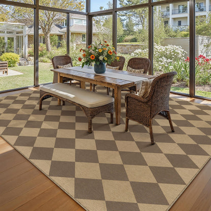 PureCozy 8x10 Checkered Easy Jute Area Rug for Living Room Large Checkerboard Washable Indoor Outdoor Carpet Farmhouse Patio Office Mat Geometric Non Slip Brown Carpet for Backyard Dining Room