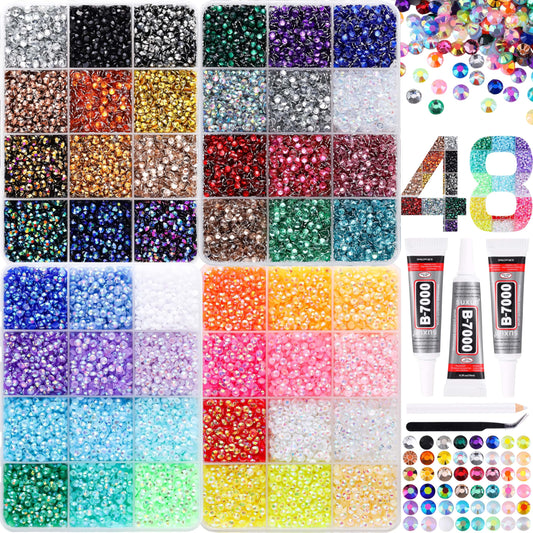 LERBOU 30000Pcs in 48 Colors Rhinestones for Bedazzling and Diamond Art, 3mm Flatback Gems with 3×10ml B7000 Jewelry Glue Tweezers, Perfect for Nail Art, Crafting, Clothing, Fabric Decor