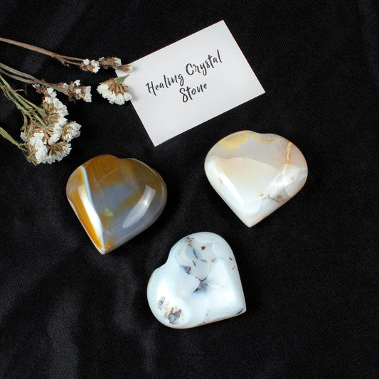 Crocon 50mm Botswana Agate Heart Stone Big Heart Shape Puff Stones Set 450+ Carats Pocket Crystal Healing Tumble Collection Palm Worry Stone Good Luck Charm Meditation Gift Craft Home Decor