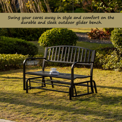 Gardenised QI003392 Outdoor Black Steel Swing, Powder Coated Glider Bench, Loveseat Lawn Rocker Bench for Yard, Patio, Garden and Deck
