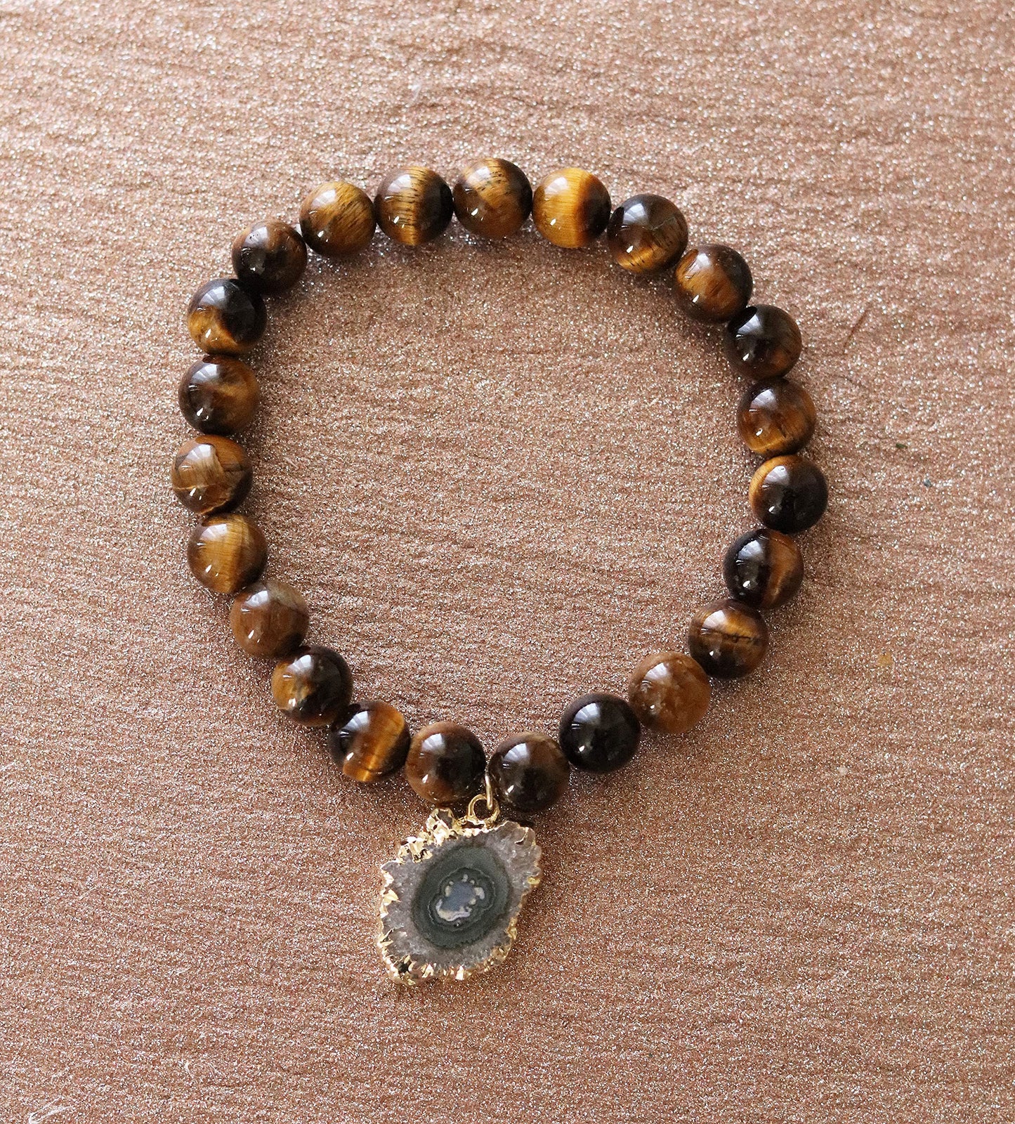 T. VICTORIA - Brown Natural Tiger Eye Protection Prosperity Stalactite Charm Healing Crystal Gemstone Beaded Stretch Statement Bracelet 7"