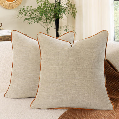 MATTINS Apricot Yellow Cotton Throw Pillow Covers 18x18 Set of 2, Solid Decorative Pillow Covers with Soft Chenille Texture and Velvet Back, Neutral Farmhouse Cushion Covers for Couch Sofa Bedroom