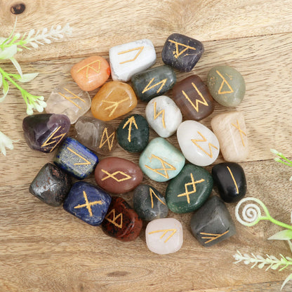 Crocon Mix Chakra Rune Tumble Shape Gemstone Rune with Elder Futhark Alphabet Engraved | 25 pcs Runes Set | Crystal Divination Healing Chakra Reiki | with a Pouch| Size : 25-30 mm