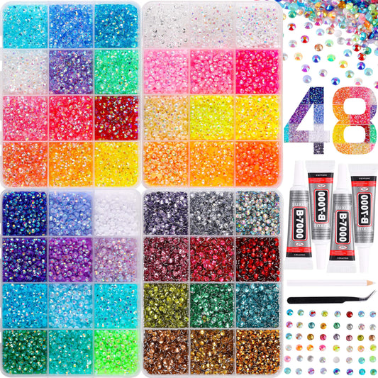 LERBOU Bedazzling Kit with 30000pcs 48 Colors Rhinestones, 4×10ml B7000 Glue, Tweezers & Pickup Pen – 3mm Flatback Sparkling Gems for Nail Art, Crafts, Clothing, Diamond Painting and Decor