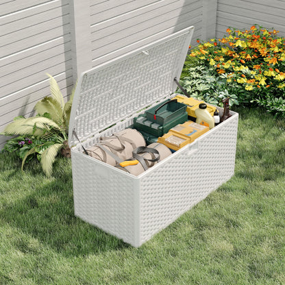 73 Gallon Waterproof Large Resin Deck Box Indoor Outdoor, Lockable Storage Container for Patio Furniture Cushions, Throw Pillows, Garden Tools, and Pool Floats, White