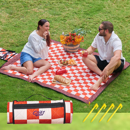 Cozy Club Waterproof Picnic Blanket – Foldable Outdoor Mat 60x70 with Stakes, Pocket & Shoulder Strap | Sandproof Beach Blanket for Festivals, Camping & Travel | Self-Packing | Terracotta | US Brand