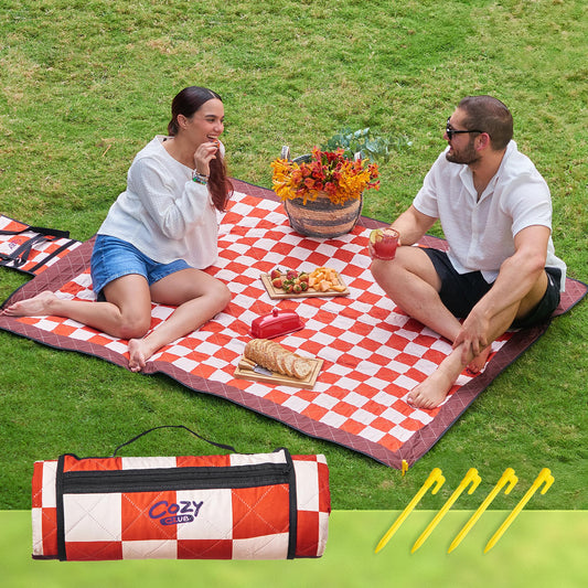 Cozy Club Waterproof Picnic Blanket – Foldable Outdoor Mat 60x70 with Stakes, Pocket & Shoulder Strap | Sandproof Beach Blanket for Festivals, Camping & Travel | Self-Packing | Terracotta | US Brand