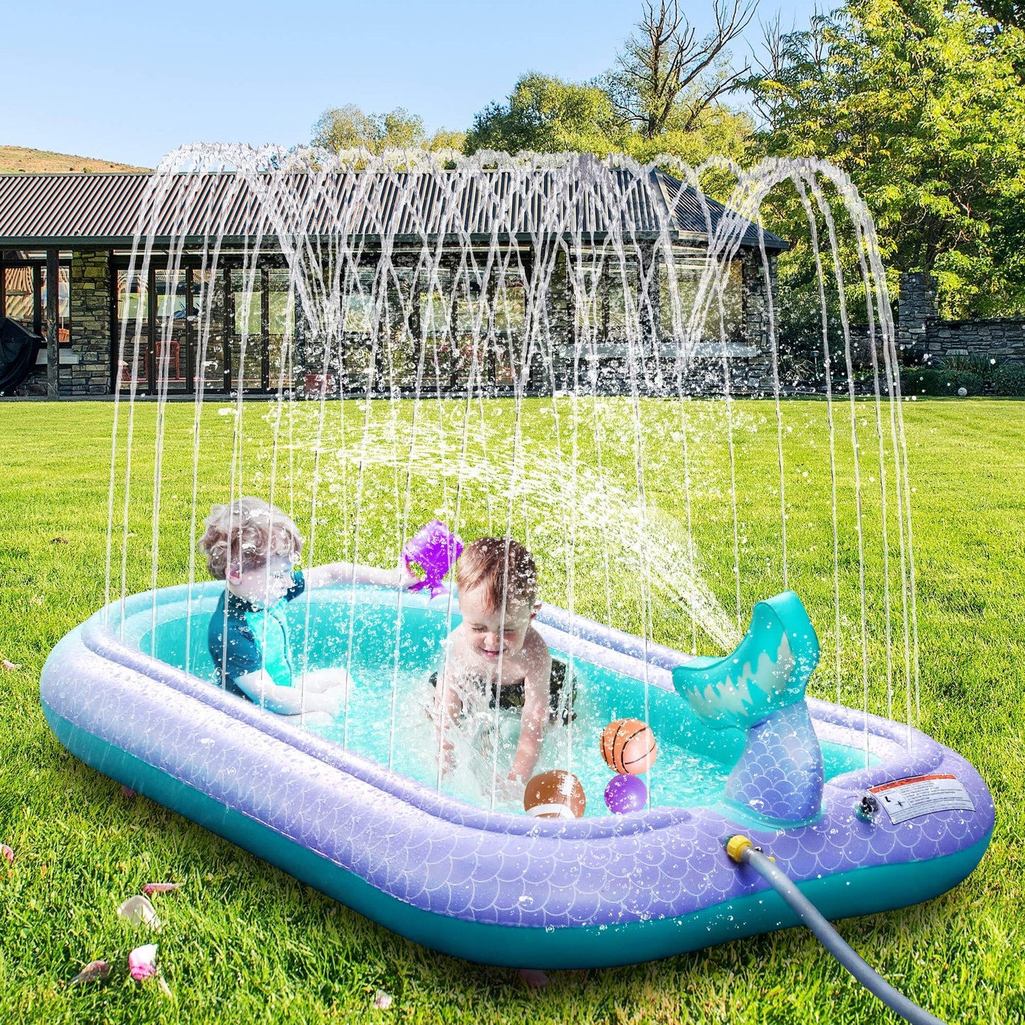 Ancesfun 68" Mermaid Splash Pad & Sprinkler for Kids, Large Outdoor Water Play Mat Summer Inflatable Wading Pool, Fun Sprinkler Water Toys for Toddlers Babies Boys Girls Age 3+ -Pink