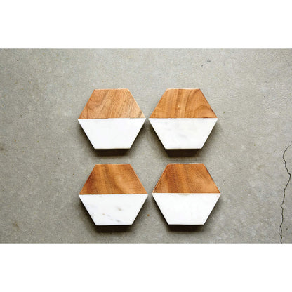 Creative Co-op Marble & Mango Wood Hexagon Coasters (Set of 4 Pieces)