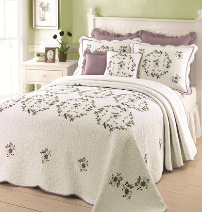 Gwen Embroidered Floral Quilted Bedspread, Lightweight Breathable All Seasons Bedding, King Size, White/Purple