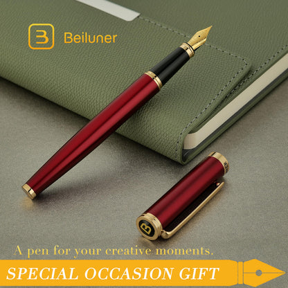 BEILUNER Red Fountain Pen,Stunning Luxury Pens with 24K Gold Finish, Gorgeous 24K Gilded Nib(Fine), Trustworthy Pen Gift for Men&Women -Ink Converter-Elegant,Graduation,Office,Nice Pen for Writing
