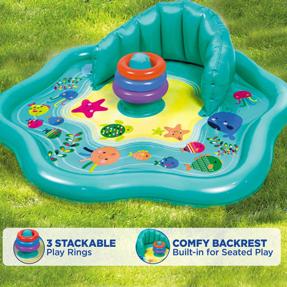 SwimSchool Baby Splash Play Mat with Adjustable Canopy – Inflatable Play Pool for Babies & Infants with Backrest – Includes Baby Water Toy Rings