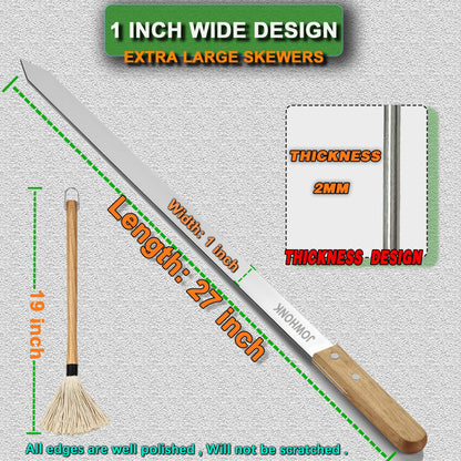 JOWHONK 27" 304 Stainless Steel Skewers for Grilling,1 Inch Wide Extra Large Skewers for Kabobs with Wooden Handle,Metal Flat Barbecue Skewer Make Koobideh Brazilian-BBQ Skewer(4),BBQ Mop Brush(1)