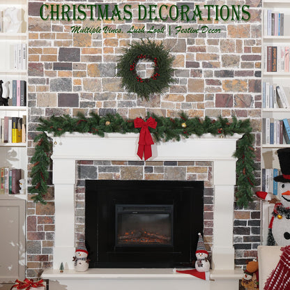 QXXQ 9 Feet Christmas Garland - Christmas Decorations - Carolina Pine Garland for Table, Fireplace, Mantle, Wall, Indoor Outdoor - Green Garland for Christmas Decorations - Free LED String Lights