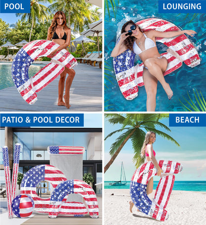 POZA Inflatable USA Flag Pool Float Chair - Luxurious Lounger Filled with Sparkle Silver Confetti, 2 Built in Cup Holders and Handles, Water Floating Chair for Beach, Lake, Swimming Pool - 48x38 Inch