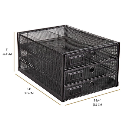 Annova Desk Organizer Wire Mesh 3 Tier Sliding Drawers Paper Sorter/Multifunctional/Premium Solid Construction for Letters, Documents, Mail, Files, Paper, Kids' Art Supplies (Black)