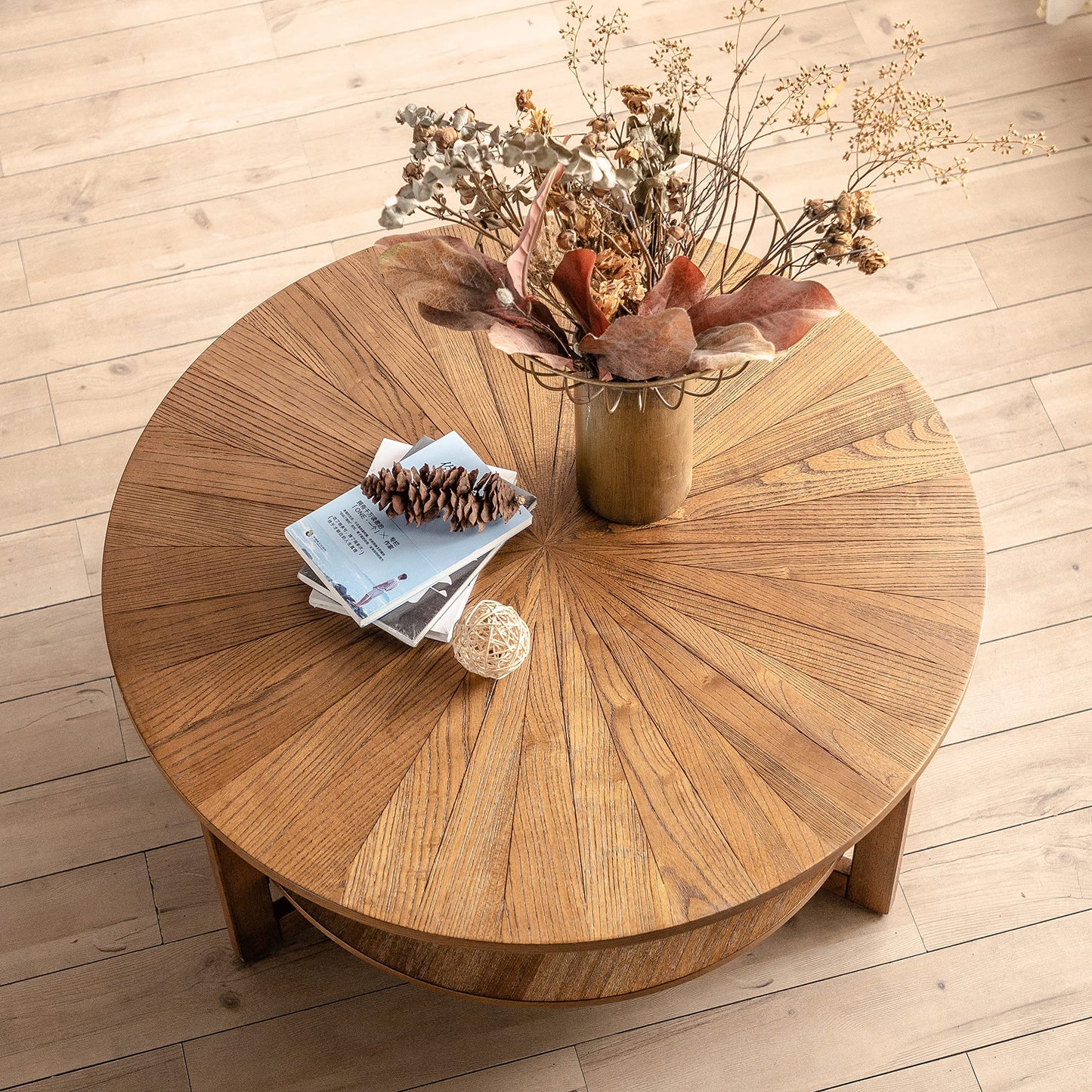 DS-HOMEPORT Round Coffee Table, 35" Circle Wood Coffee Table with Storage Shelf, 2 Tier Center Table for Living Room Apartment Home Furniture, Easy Assembly (Espresso,35" Dx35 Wx18 H)