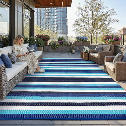 HUGEAR Outdoor Waterproof Rug 9'x12' Plastic Straw Rugs Washable Reversible Floor Mat Blue Stripe Carpet for Camping RV Deck Entryance Porch Picnic Balcony Beach Backyard