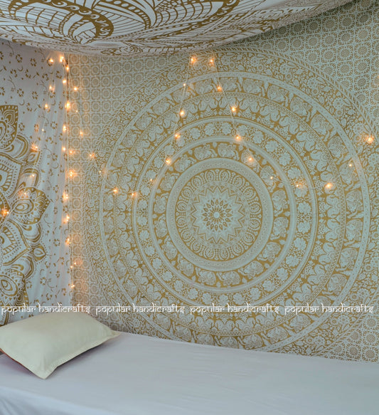 Popular Handicrafts Wall Hanging Tapestry for Bedroom Elephant Hippie Metallic Mandala Bohemian Hippy Intricate Indian Tapestries Bedspread 54 x 82 Inches (140cm x 210cm) Gold & White