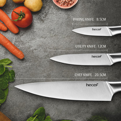 hecef Silver Kitchen knife set of 3, Satin Finish Blade with Hollow Handle, includes 8" Chef, 5" Utility and 3.5" paring knife