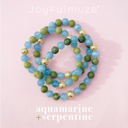 Joyfulmuze Aquamarine Serpentine Stretch Bracelet, Natural Blue and Green Round Gemstone, Handmade Spiritual Jewelry for Women Men, Gold Lava Beads, 17cm length (Aquamarine-Serpentinite-Lava Stone)