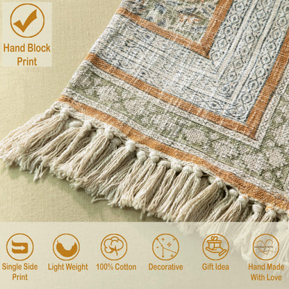HOME WIBE 100% Pure Cotton Handblock Printed Throw Blanket, Soft 50" x 60" Fringed Floral Print Throw for Couch, Sofa, Chair, Bed - Cozy, Machine Washable, Comfortable Home Decor