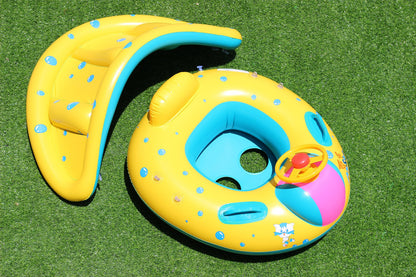 Inflatable Baby Swimming Pool Floats with Removable Sun Protection Canopy, Toddler Floaties with Seat and Handle, No Flip Over Baby Boat Swim Floats for Age of 6-36 months, with Hand Pump, Storage Bag