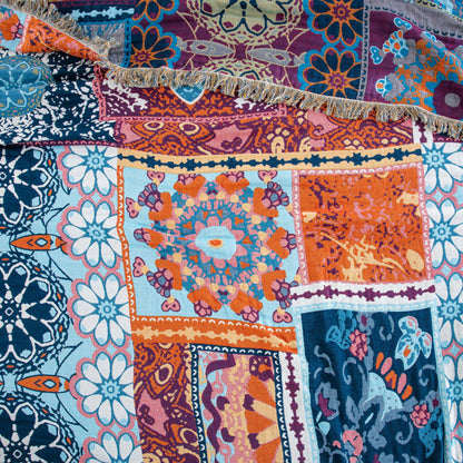 BRYALIX 100% Cotton Muslin Floral Bed Throw Blanket, Lightweight Muslin Quilt, Boho Farmhouse with Fringe, Blue Orange Pink Patchwork, Reversible Jacquard Blanket for Home, Picnic, Travel, 90"x98"