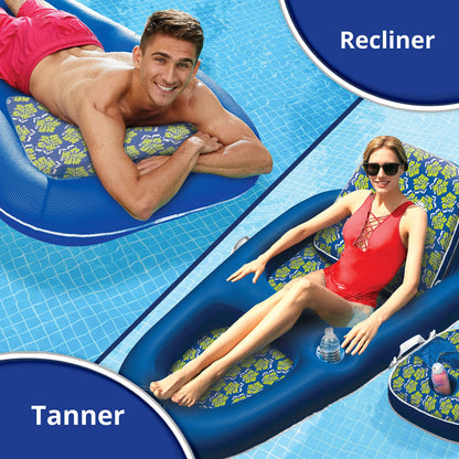Aqua Campania Ultimate 2-in-1 Pool Float Lounge – Extra Large – Inflatable Pool Floats for Adults with Adjustable Backrest & Cupholder Caddy – Royal/Lime Hibiscus