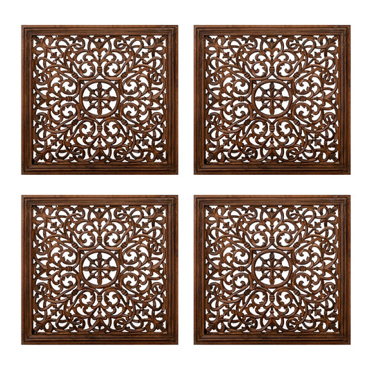 The Wooden Town Kashmiri Wall Décor – Set of 4 (16x16 Inch) | Handcrafted Wooden Wall Panels & Hanging Plaques for Living Room, Home & Office | Burnt Finish Decorative Art for Walls