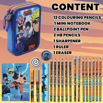 Naruto Pencil Case with Stationery Included School Supplies Filled Large Pencil Case 2 Compartments Colouring Pencils Mini Notebook Boys Stationery Set Anime Gifts for Boys