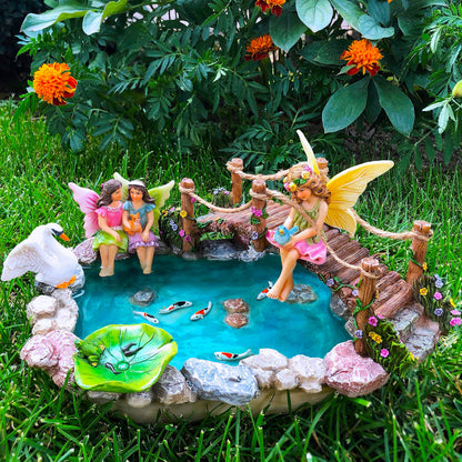 Mood Lab Fairy Garden Figurines - Fish Pond & Bridge - Miniature Decor Set (6 pcs) - Statues & Accessories - Outdoor & Indoor Garden Decor