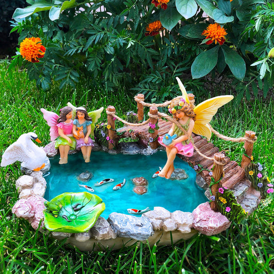 Mood Lab Fairy Garden Figurines - Fish Pond & Bridge - Miniature Decor Set (6 pcs) - Statues & Accessories - Outdoor & Indoor Garden Decor