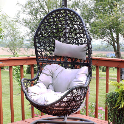 Sunnydaze Cordelia Egg Chair with Cushions -Resin Wicker Hanging Chair with 265-Pound Weight Capacity - Hanging Swing Includes Gray Polyester Cushion and Headrest
