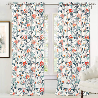 DriftAway Ada Floral Thermal Insulated Double Layer Room Darkening Blackout Curtains Botanical Leaf Flower Printed Patterned Drapes Lined Set of 2 Panels Each 52 Inch by 84 Inch Ivory Orange Teal