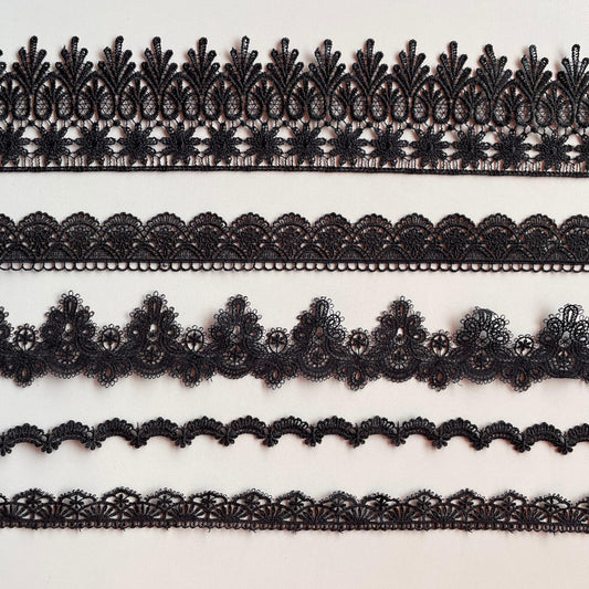 IDONGCAI 10 Yards Black Lace Trim Set for Sewing & Crafts – 5 Styles Lace Ribbon Bundle, Venise Lace Trim Elegant Lace Ribbon for Clothing Alterations & DIY Fashion(Black)