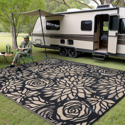 WondRg Outdoor Plastic Straw Rug Waterproof Patio 9x12 Black Brown Floral Mat for Porch Camping RV Balcony Deck Courtyard Reversible Lightweight Durable Portable Carpet