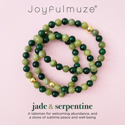 Joyfulmuze Natural Jade Serpentinite Stretch Bracelets, Premium Handmade Crystal Healing, Gemstone Beaded Gift For Men Women, Dark and Olive Green(Jade 17cm long)