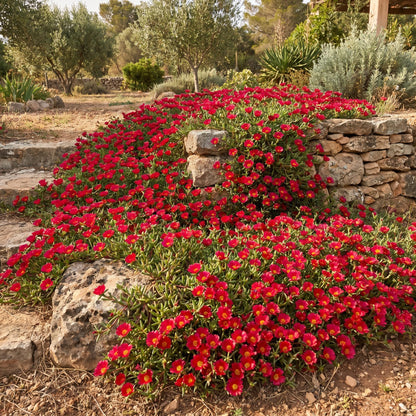 4 Portulaca Plants Live, Moss Rose Flower Plant for Outdoor Garden, Ground Cover Plant for Patio Containers, Borders or Landscape 4-7 Inches (Red)