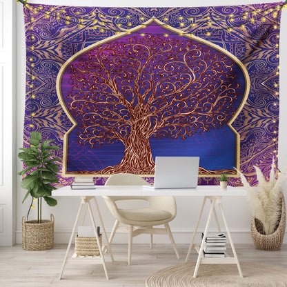 Ambesonne Ethnic Tapestry, Tree with Curved Leafless Branches Exotic Moroccan Arch Retro Art Design Print, Fabric Wall Hanging Decor for Bedroom Living Room Dorm, 28" X 23", Purple and Blue