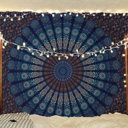 Bless International Handmade Indian hippie Bohemian Psychedelic Peacock Mandala Wall hanging College Dorm Beach Throws Table Cloth Bedding Tapestry (Blue Green, Queen(84x90Inches)(215x230Cms))