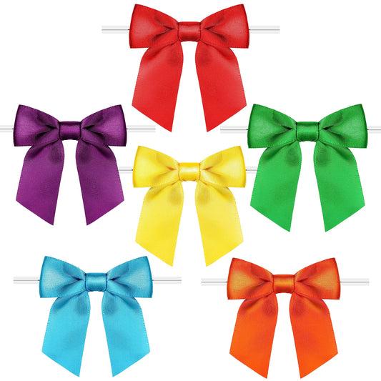 Rainbow Pana 60 Pack Twist Tie Bows for Treat Bags 3" Rainbow 6 Colors Satin Ribbon Bows for Package Craft Gift Wrapping Decoration - Red Orange Yellow Green Blue Purple, St Patricks