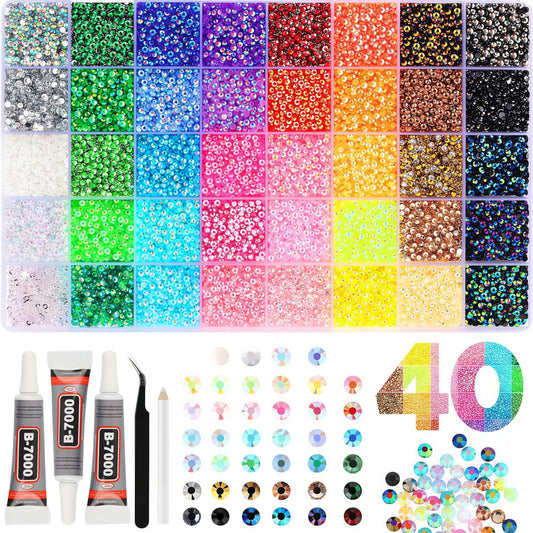 32000Pcs Rhinestones for Bedazzling,Multicolor 3mm Flatback Gems for Diamond Art, Bedazzler Kit with 3Pcs 10ml B7000 Jewelry Glue for Nail Art Crafting Book Makeup (3mm, 40 Colors)