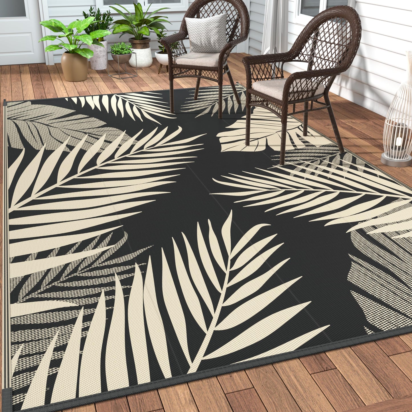 GENIMO Outdoor Rug 8' x 10' Waterproof for Patios Clearance, Reversible Outdoor Plastic Straw Camping Rug Carpet, Large Area Rugs Mats for RV, Camper, Deck, Balcony, Porch, Beach, Picnic, Black&Beige