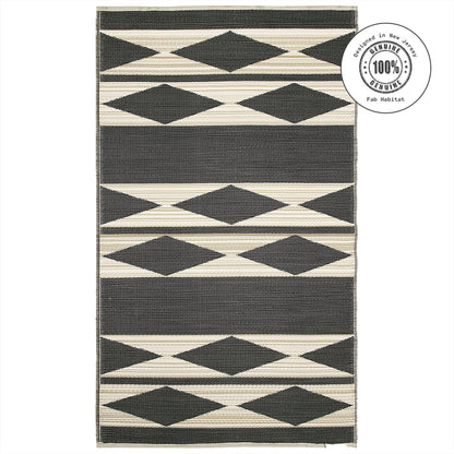 Fab Habitat Outdoor Rug - Waterproof, Fade Resistant, Crease-Free - Premium Recycled Plastic - Geo Tribal - Porch, Deck, Balcony, Mudroom, Laundry Room, Patio - Cairo - Natural & Black - 3 x 5 ft