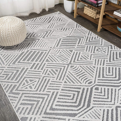 JONATHAN Y Art Deco Geometric Indoor Outdoor Area Rug 4X6 White/Black, Jordan High-Low Pile for Backyard, Patio, Porch, Easy-Cleaning, High Traffic, Pet-Friendly, Non-Shedding (SBH103A-4)