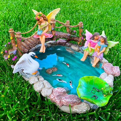 Mood Lab Fairy Garden Figurines - Fish Pond & Bridge - Miniature Decor Set (6 pcs) - Statues & Accessories - Outdoor & Indoor Garden Decor