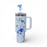 Blue Flowers Stanley Quencher Tumbler 40oz with Gift Box – Insulated Travel Mug with Handle & Straw